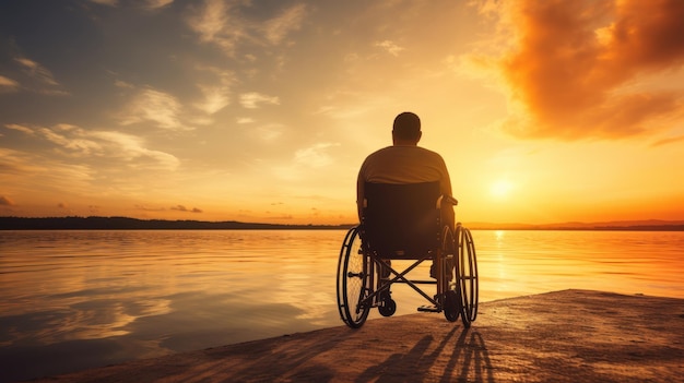 Siluweta człowieka na wózku inwalidzkim na tle zachodu słońca