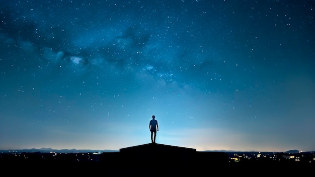 Siluweta człowieka stojącego na szczycie budynku i patrzącego na gwiezdne niebo
