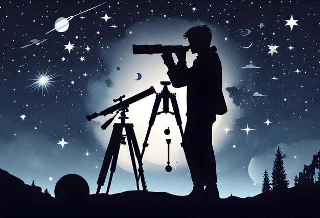 Zdjęcie siluweta człowieka, teleskopu, gwiazd, planet.