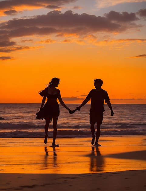 Siluweta dwóch przyjaciół idących ręka w rękę wzdłuż plaży przy zachodzie słońca