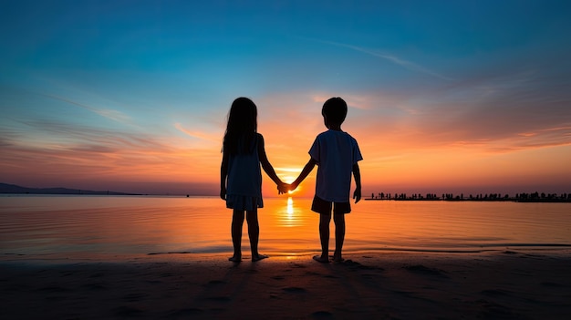 Siluweta dzieci trzymających się za ręce przy zachodzie słońca na plaży ciesząca się spokojną chwilą z wspaniałymi kolorami
