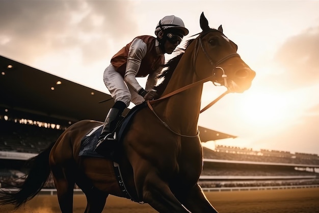 Siluweta dżokeja i jego konia Wyścigi konne na stadionie Stworzone za pomocą technologii generatywnej sztucznej inteligencji