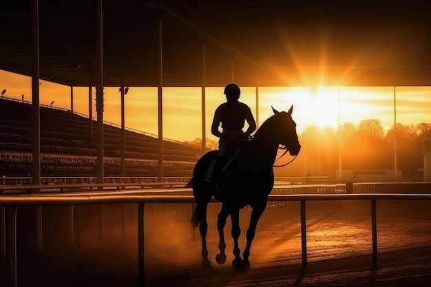Siluweta dżokeja i jego konia Wyścigi konne na stadionie Stworzone za pomocą technologii generatywnej sztucznej inteligencji