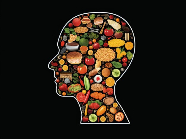 Siluweta głowy z różnymi pokarmami w koncepcji zdrowego i inteligentnego jedzenia Generatywna sztuczna inteligencja