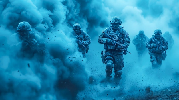 Siluweta grupy żołnierzy na tle czerwonego i niebieskiego dymu