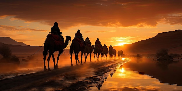 Siluweta karawany wielbłądów przez wydmy piaszczyste na pustyni Sahary w Maroku