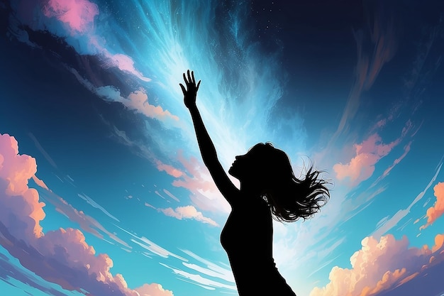 Siluweta kobiety sięgającej po abstrakcyjne niebo