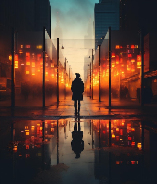 Siluweta kobiety spacerującej po mieście w nocy