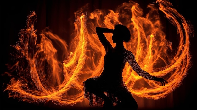 Siluweta kobiety tańczącej przed płomieniami