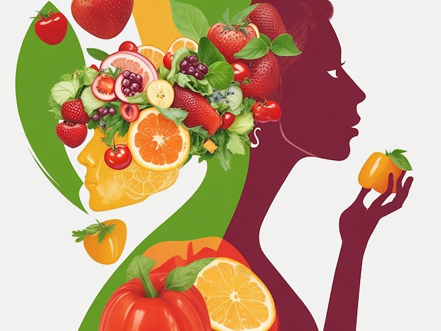Zdjęcie siluweta kobiety z owocami i warzywami koncepcja czystego jedzenia