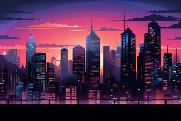 Zdjęcie siluweta krajobrazu miejskiego na ilustracji wektorowej zachodu słońca