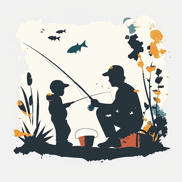 Siluweta ojca i dziecka łowących ryby xA