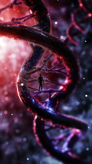Siluweta osoby na pasku DNA w środku kosmicznego tła
