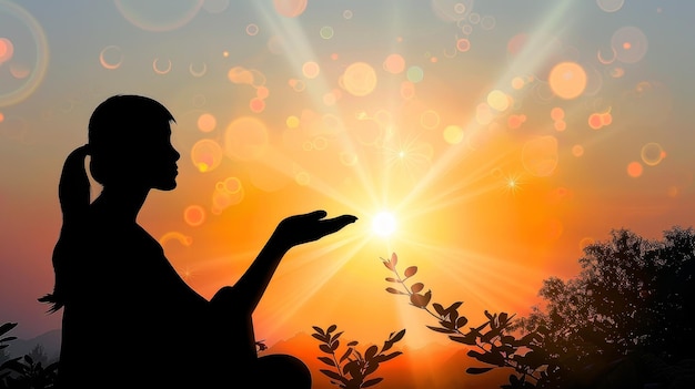 Siluweta osoby w pozycji medytacyjnej z żywym wschodem słońca w tle Obraz uchwyca chwilę spokoju i refleksji