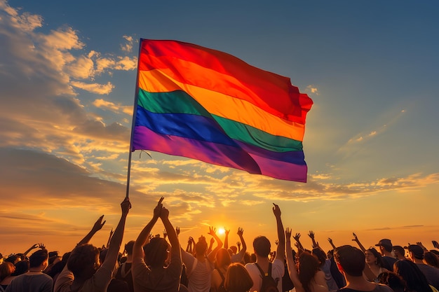 Siluweta parady dumy ludzi i tęczowa flaga przy zachodzie słońca LGBTQ pride