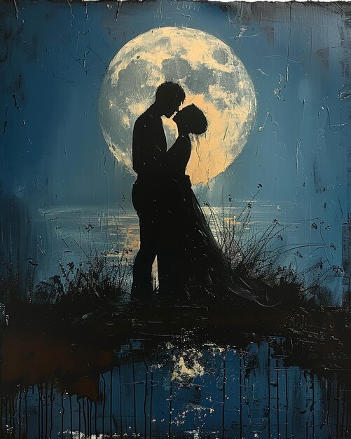 Zdjęcie siluweta pary całującej się pod pełnią księżyca