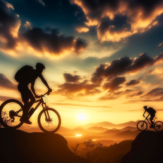 Siluweta rowerzystów górskich z pięknym widokiem koncepcja ćwiczeń rowerowych