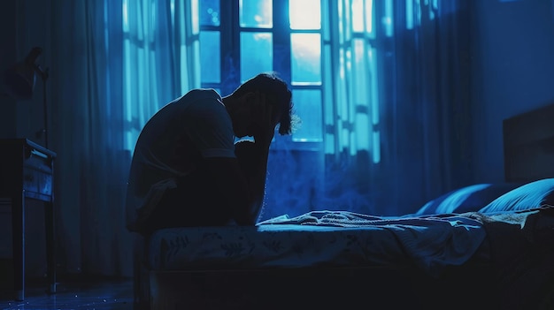 Siluweta samotnego mężczyzny siedzącego na łóżku, czującego się przygnębiony i zestresowany w ciemnej sypialni.