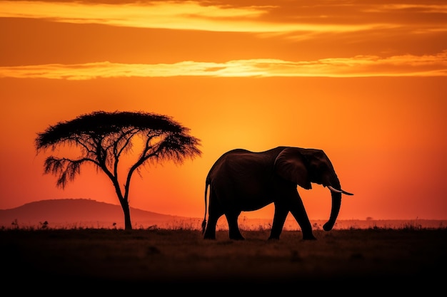 Siluweta słonia prawie drzewa na zachodzie słońca na sawannie Wielkie samotne zwierzę chodzi na świeżym powietrzu po trawie wieczorem w letni dzień Generatywna sztuczna inteligencja