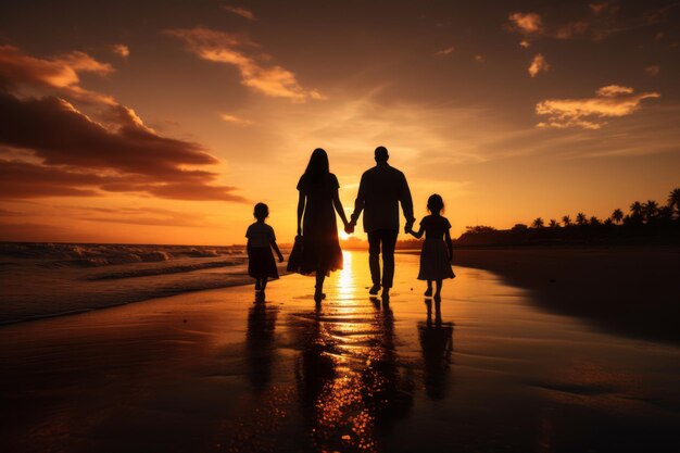 Siluweta szczęśliwej rodziny trzymającej się za ręce, cieszącej się zachodem słońca na plaży