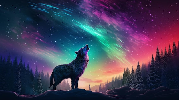 Siluweta wilka wyjącego na tle kolorowych północnych świateł