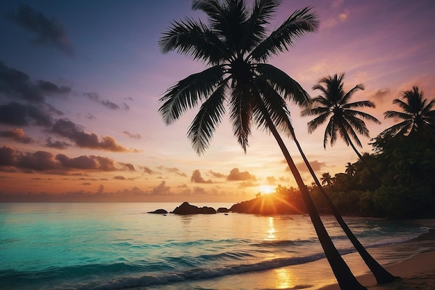 Siluweta wschodu słońca na tropikalnej plaży z palmami