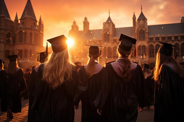 Zdjęcie siluwety absolwentów na tle kolorowego zachodu lub wschodu słońca