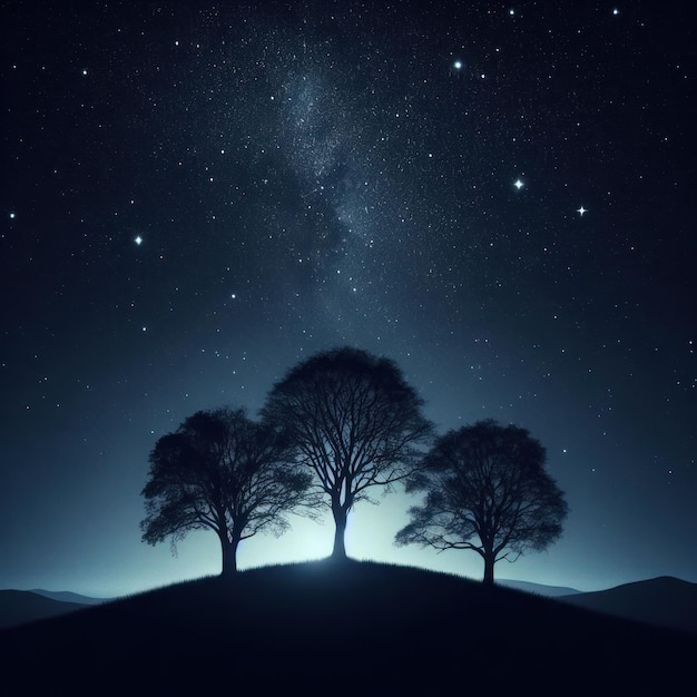 Siluwety drzew na tle gwiezdnego nieba