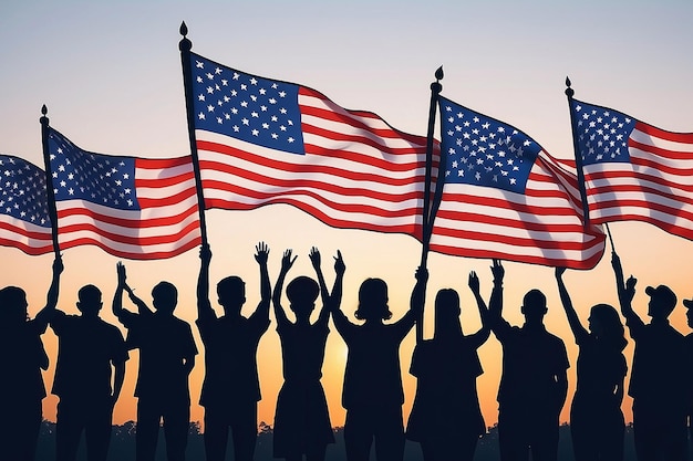 Siluwety ludzi trzymających flagę Stanów Zjednoczonych świętujących Dzień Niepodległości Narodu Generatywna sztuczna inteligencja