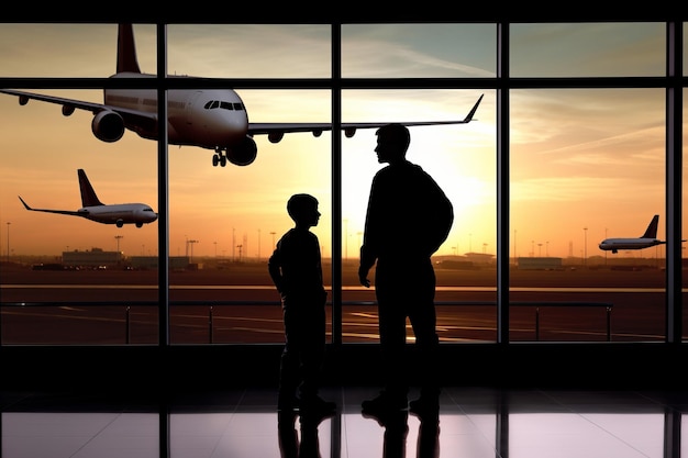 Siluwety ojca i syna stojących przy rozległym oknie lotniska