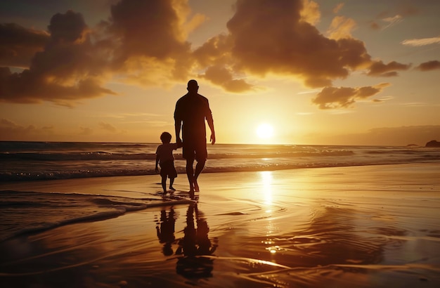 Siluwety radosnego ojca i syna przy zachodzie słońca na plaży