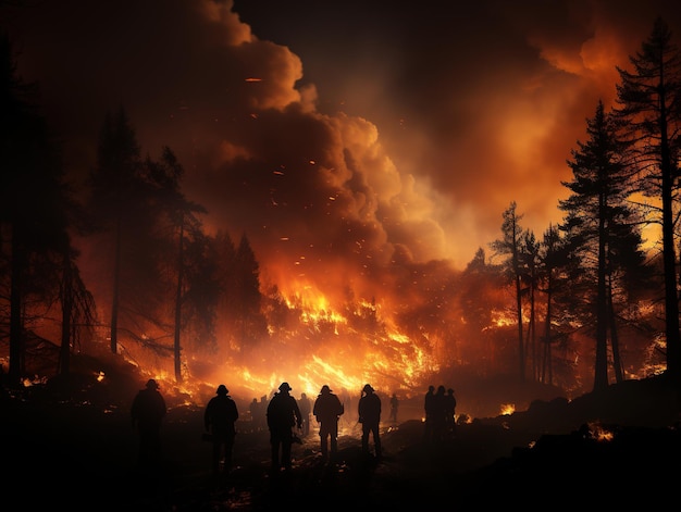 Siluwety strażaków na tle płonącego lasu Generatywna sztuczna inteligencja