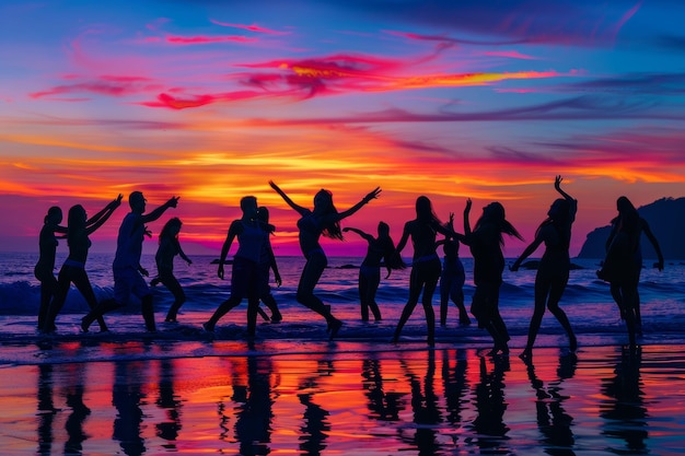 Siluwety wahają się w tętniącym życiem zachodzie słońca na tropikalnej imprezie tanecznej na plaży, uosabiającej letnią radość