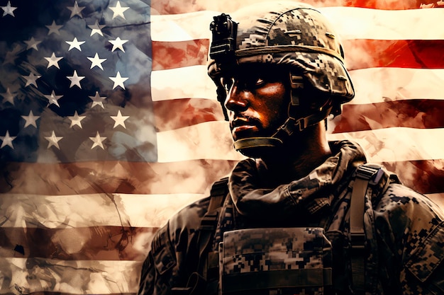 Siły zbrojne USA na tle flagi USA Wygenerowano artystyczny obraz armii AI