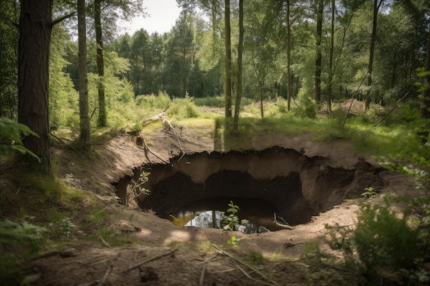 Zdjęcie sinkhole w lesie z otaczającymi go drzewami i dziką przyrodą