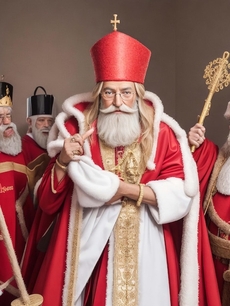 Zdjęcie sinterklaas biały tło pełne ciało personel sięga ręki