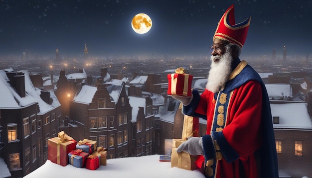 Sinterklaas i Zwarte Piet dostarczają prezenty na śnieżnych obrazach tła sinterklaas