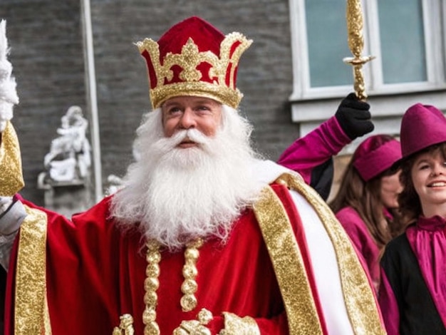 Sinterklaas lub św. Mikołaj trzymający pusty karton izolowany na białym tle holenderski znak