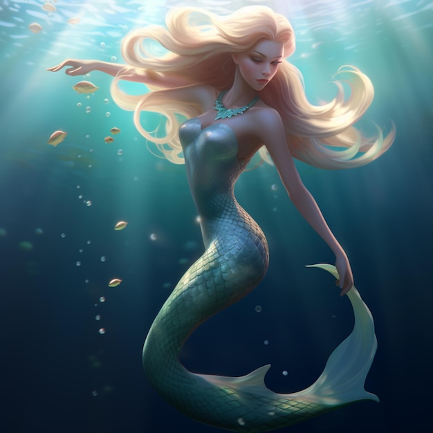 Zdjęcie sirena z długimi blond włosami i niebieskimi oczami pływająca pod wodą generatywna ai