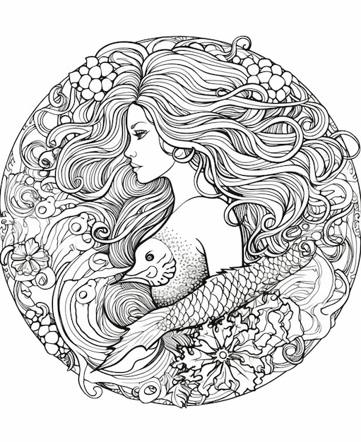 Sirena z długimi włosami i falami w kręgu generatywnym ai