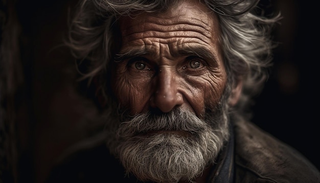 Siwowłosy starszy mężczyzna z brodą i wąsami, wyglądający poważnie, wygenerowany przez sztuczną inteligencję