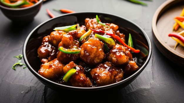 Sizzling Baby Corn Manchurian, pikantna rozkosz w stylowej czarnej misce na łupkowym tle