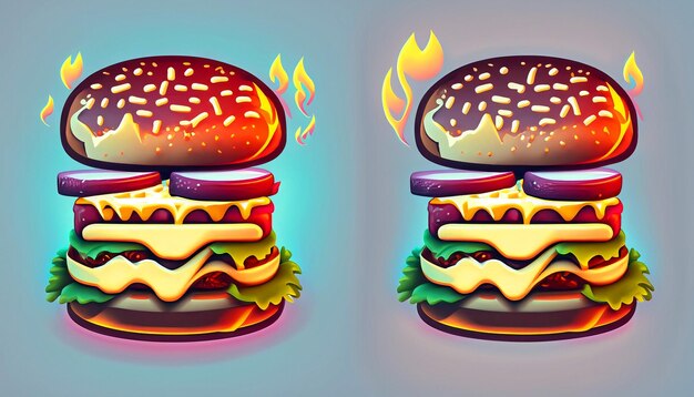 Sizzling Delight Darmowy wektor Burger Ser z ogniem Ikona kreskówki Ilustracja Kuszący obiekt żywnościowy