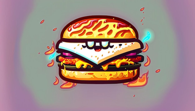 Sizzling Delight Darmowy wektor Burger Ser z ogniem Ikona kreskówki Ilustracja Kuszący obiekt żywnościowy