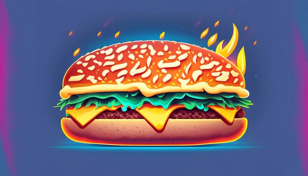 Sizzling Delight Darmowy wektor Burger Ser z ogniem Ikona kreskówki Ilustracja Kuszący obiekt żywnościowy