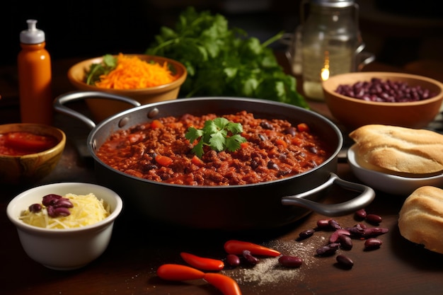 Sizzling Delights Pyszne Chili Con Carne w miskach i patelni