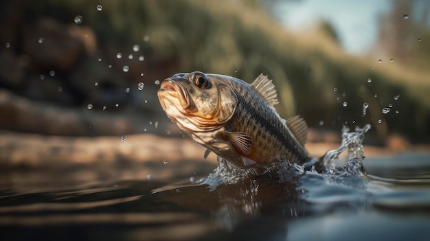 Zdjęcie skacząca ryba basowa w realistycznej kompozycji kinowej