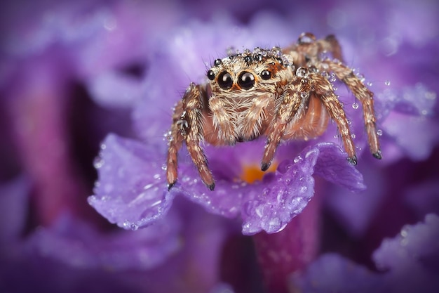 Skaczący pająk z kroplami wody na fioletowym kwiecie