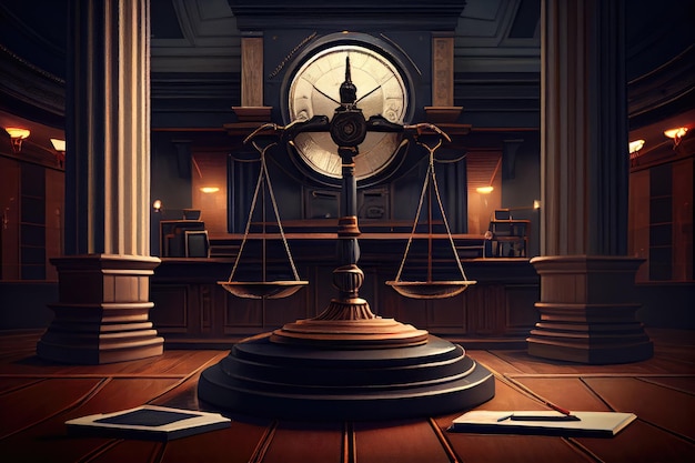 Skala sprawiedliwości z widokiem na salę sądową w tle stworzona za pomocą generatywnej ai
