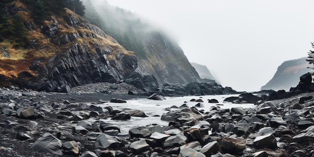 Skalista plaża z garstką skał na pierwszym planie i klifem w tle w mglisty, pochmurny dzień